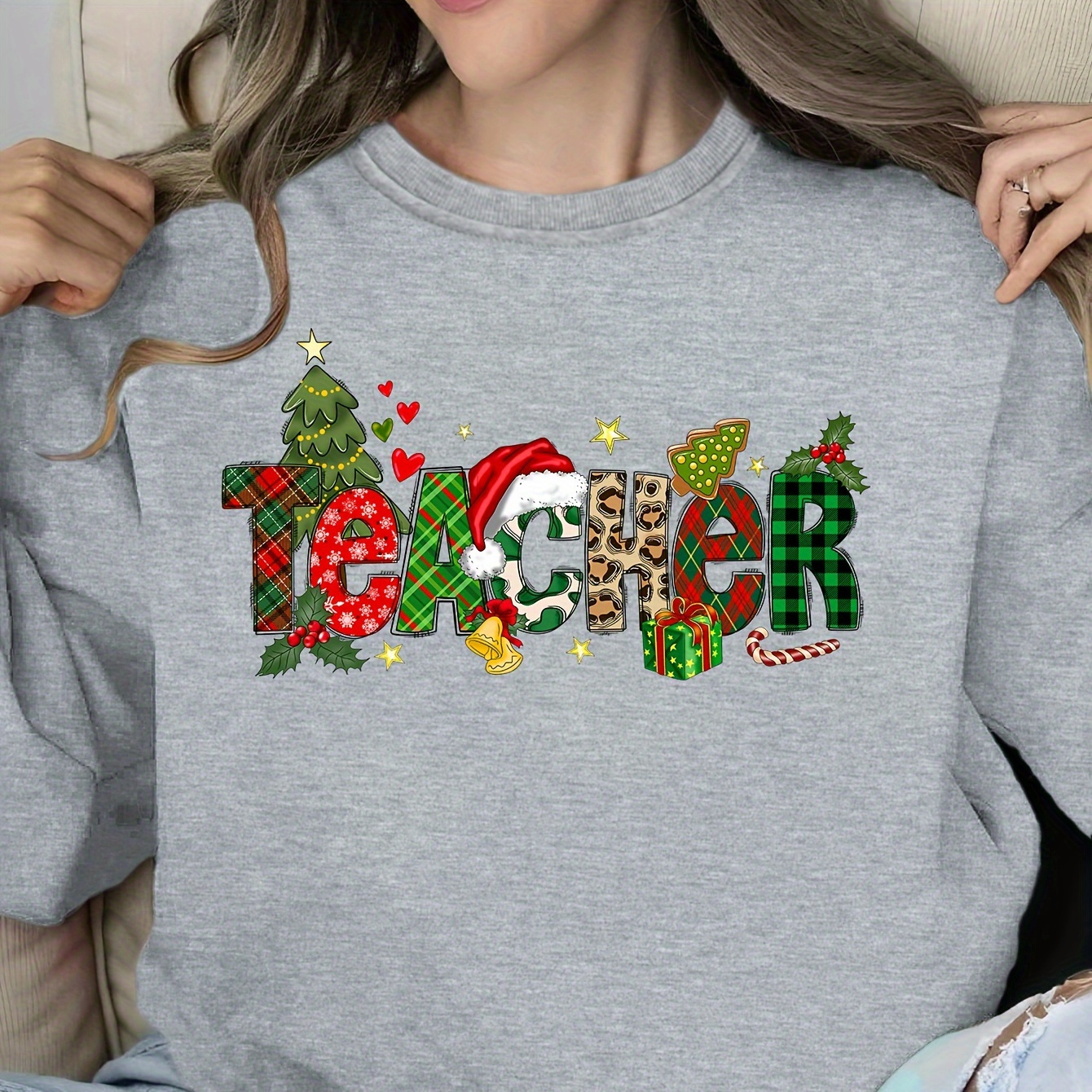 

Teacher Merry Christmas Print Pullover Sweatshirt, Casual Long Sleeve Crew Neck Sweatshirt For Fall & Winter, Women's Clothing