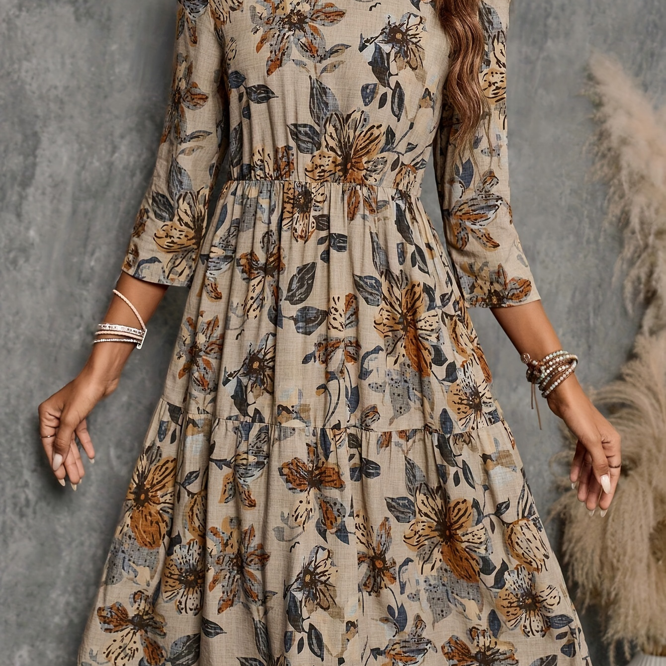 

1pc Elegant Floral Print Midi Dress For Women, Neck Quarter Sleeve Peplum, Regular Fit Viscose Woven, Flared Detail, Ideal For Teacher, Work, Business Casual - Spring/summer/fall