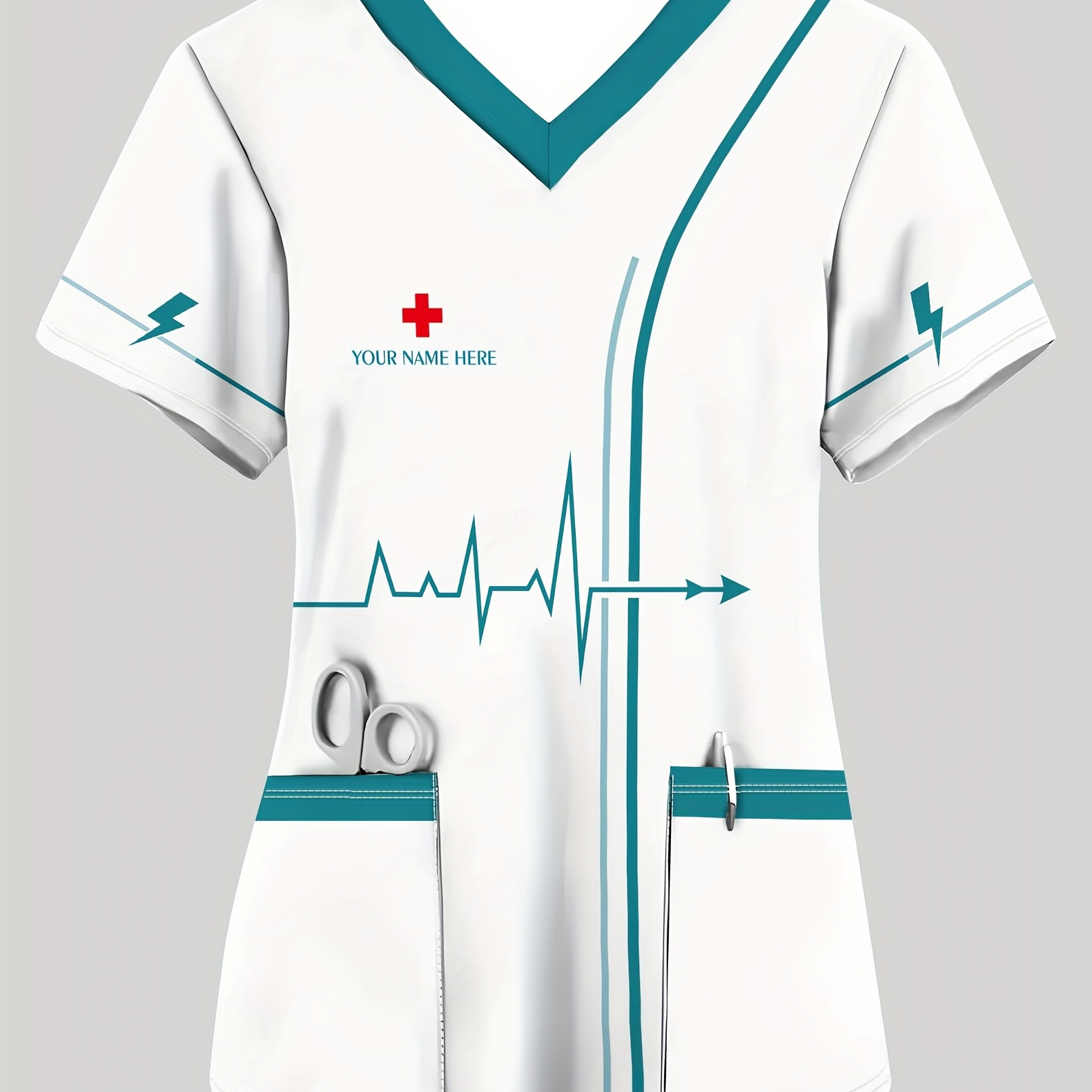 Custom Name Personalized Women's Nurse Uniform Top - V-Neck Short Sleeve  with Teal Accents, Double Front Pockets, Breathable Polyester Knit &  Geometric Symbols - * * * | * Top | Knit Construction, ...