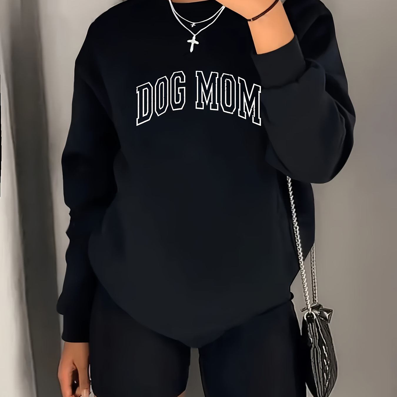 

Dog Mom Sweatshirt For Women - Casual Polyester Knit Fabric, Round Neck, Long Sleeve, Alphabet Print Hoodie For Fall/winter Season