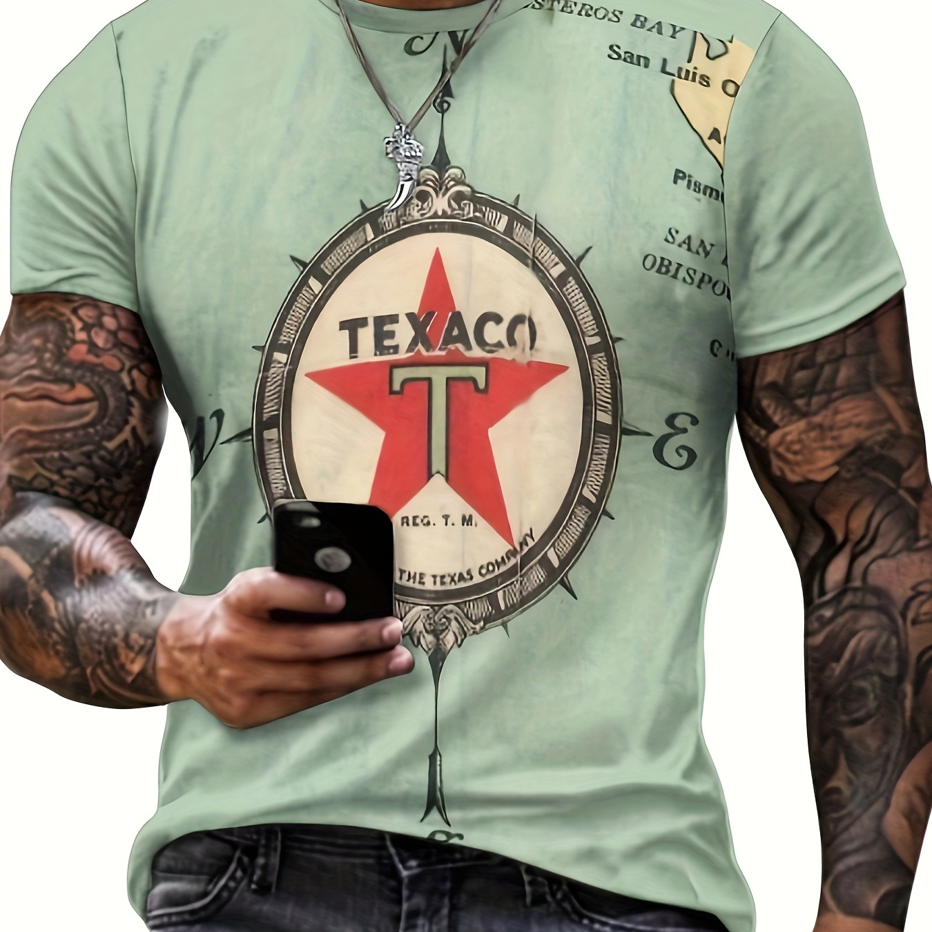 

Retro Pentacle Compass 3d Digital Printed Crew Neck Short Sleeve T-shirt For Men, Casual Summer T-shirt For Daily Wear And Vacation Resorts