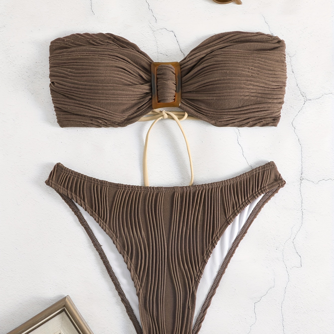 

Ensemble Bikini À Rayures Texturées, Haut Tube Avec Boucle Carrée Et Bas Taille Haute, Maillots de Bain Pour Femmes Et Vêtements