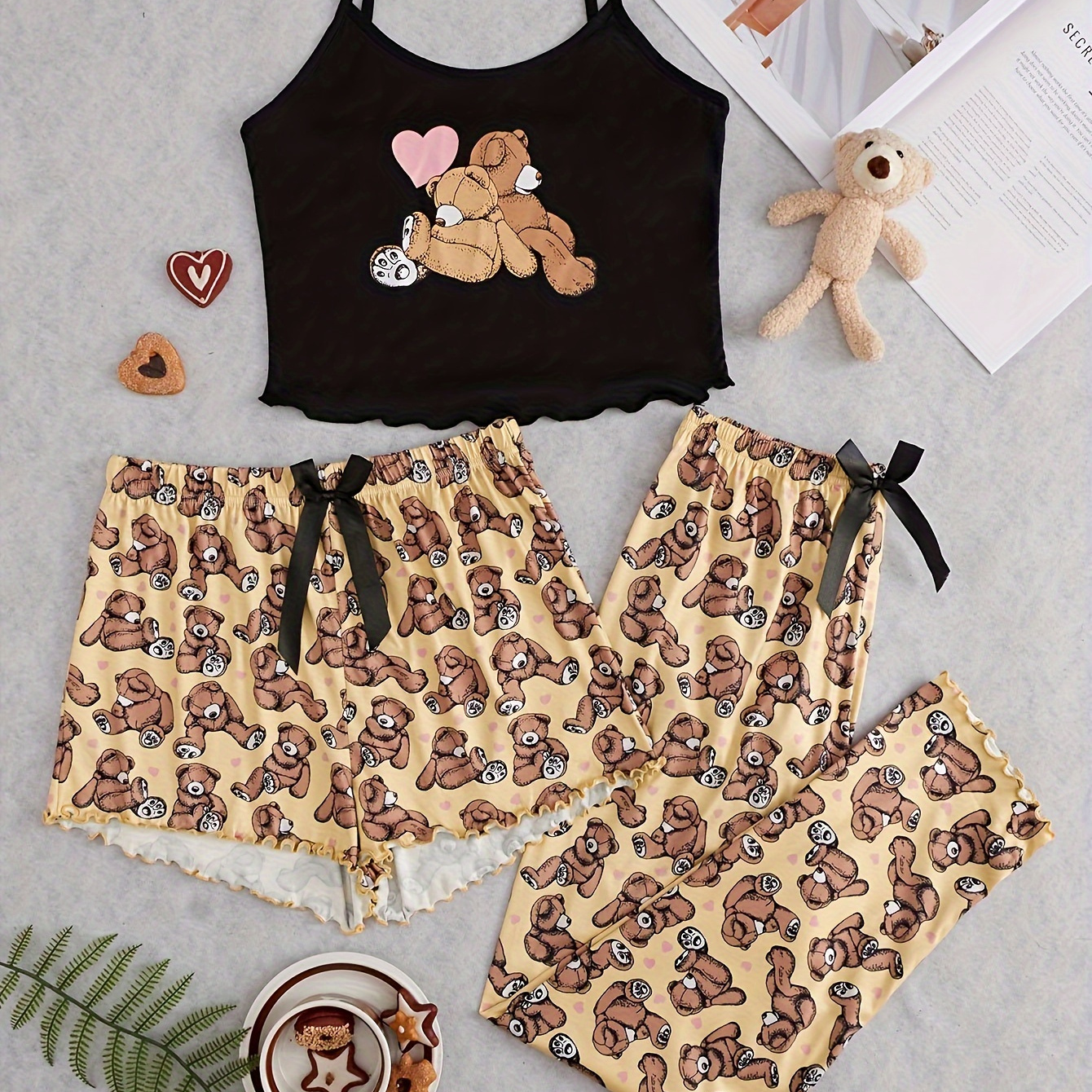 

Cartoon Bear Print Pajama Set, Lettuce Trim Cami Top & Shorts & Elastic Waistband Pants, Women's Sleepwear & Loungewear