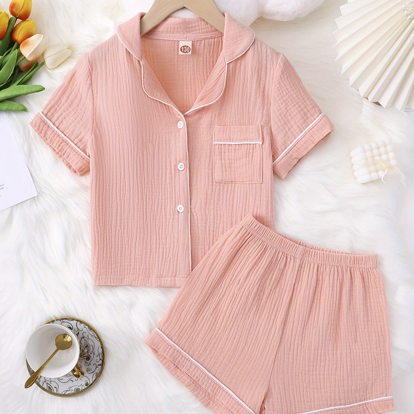 

2 Pcs Girls Solid Color Kinetic Fabrics Cuban Collar Button Short Sleeve Shirts & Elastic Waist Shorts Pajama Set, Comfy& Skin-friendly Princess Pj Set, As Daily Gift