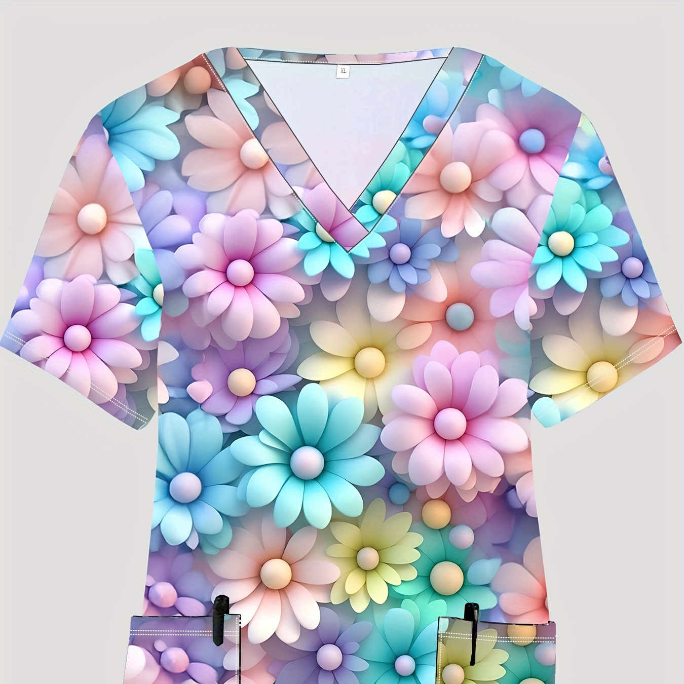 

Plus Size Floral Print Stretchy Dual Pockets V-neck Top, Comfortable & Functional Health Care Short Sleeve Uniform For Nurse, Women's Plus Size Clothing