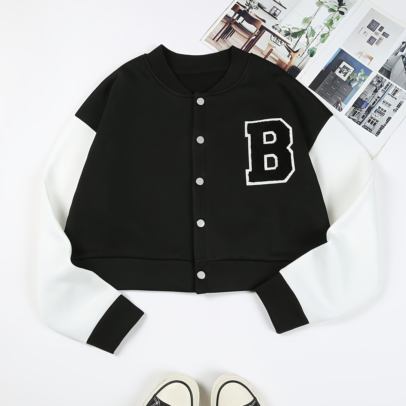 

Letter Print Color Block Bomber Jacket, Casual Long Sleeve Crop Outwear For Spring & Fall, Women's Clothing
