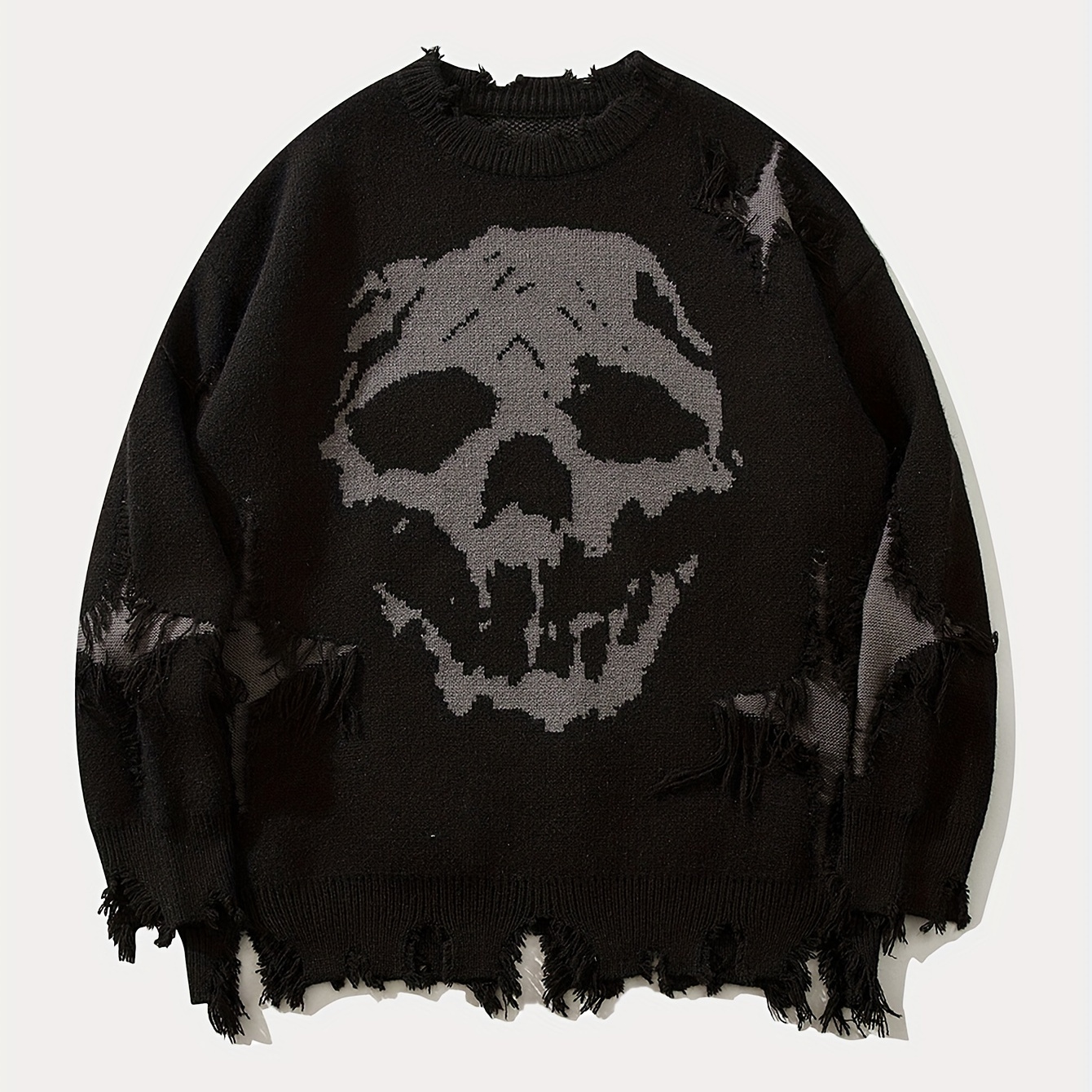 

Men's Stylish Skull Pattern Knitted Pullover, Casual Breathable Long Sleeve Crew Neck Top For City Walk Street Hanging Outdoor Activities
