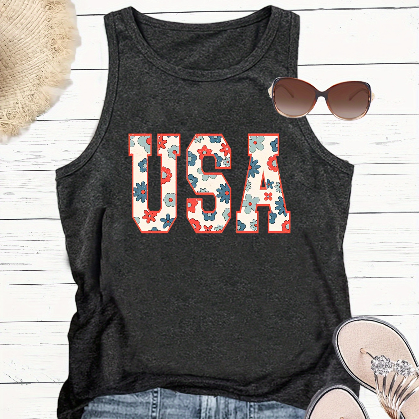 

Independence Day Print Crew Neck Tank Top, Casual Sleeveless Top For Summer & Spring, Women's Clothing
