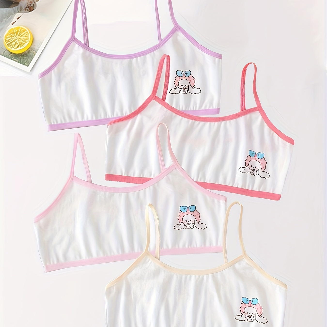 

4 Pcs Girl's Cute Rabbit Print Training Bra, Comfy & Breathable Cotton Underwear For 8-9 Years, All Season Wearing