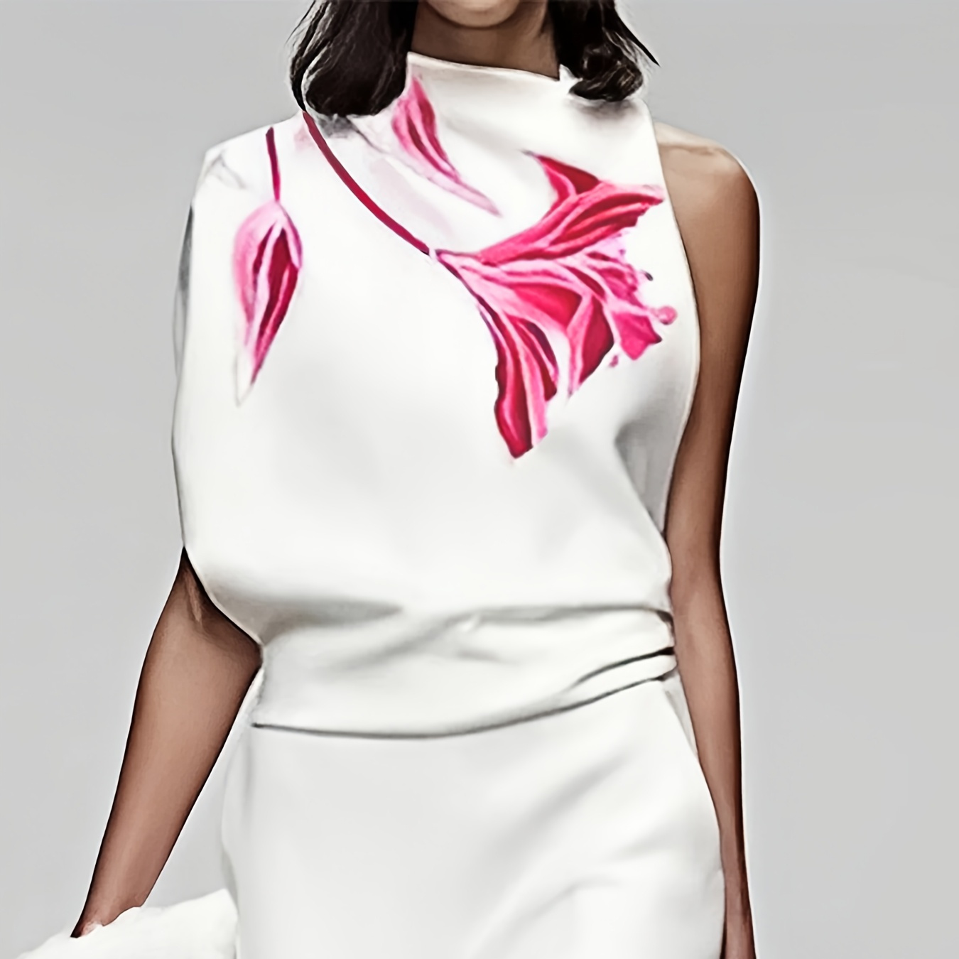 

Asymmetrical Sleeve Shirt With Sleeveless Heat Transfer Print, Elegant Plain For Spring And Summer