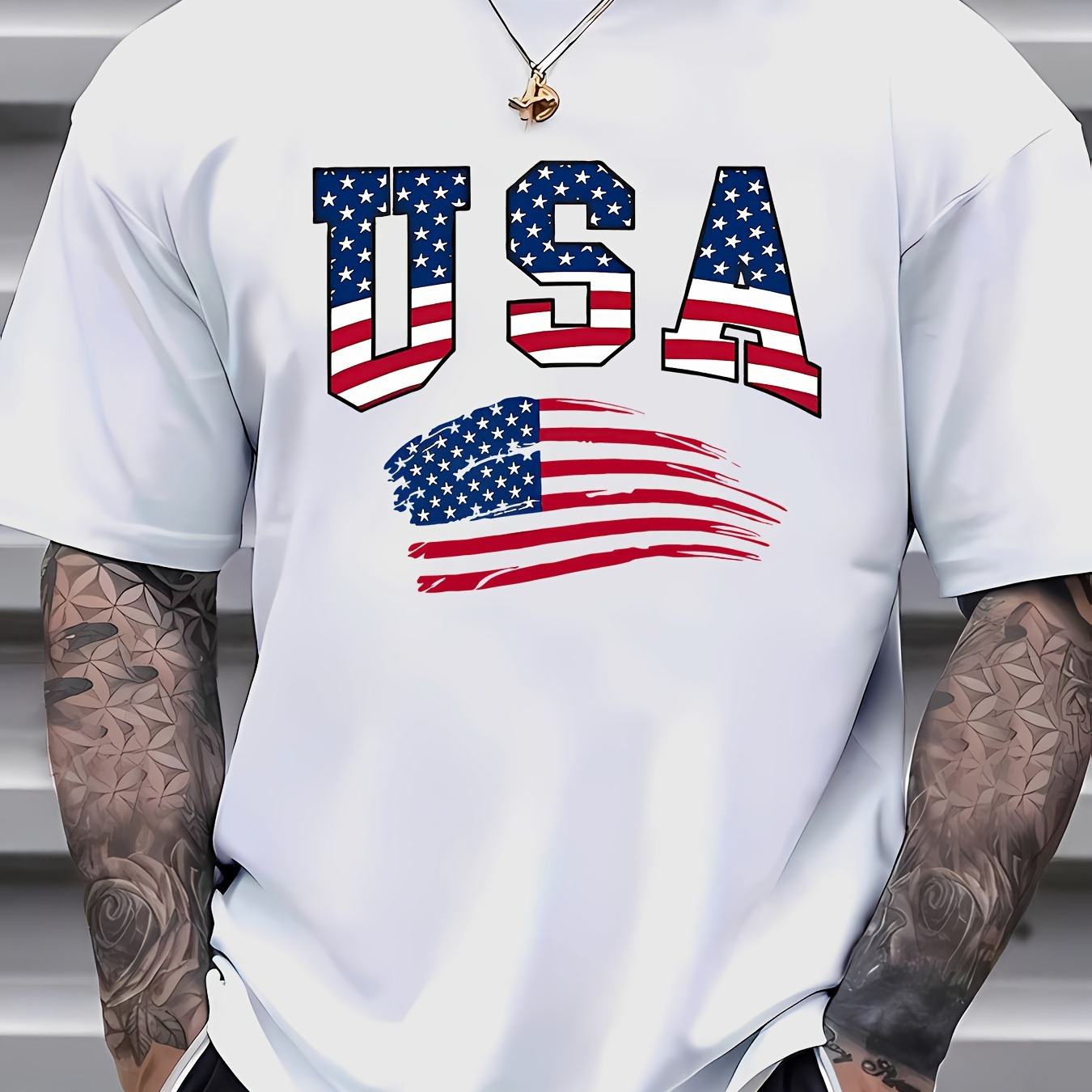 

Usa Letter American Flag Print Tee Shirt, Tees For Men, Casual Short Sleeve T-shirt For Summer