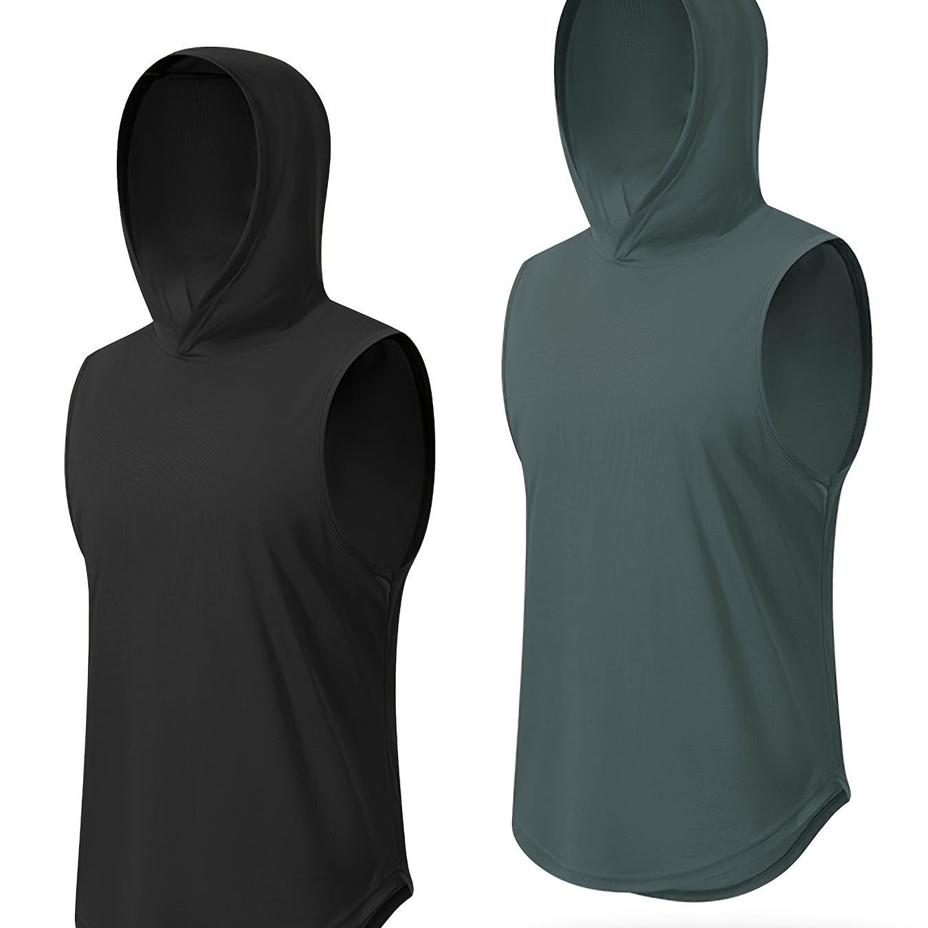 

2-piece Men's Summer Sports Hooded Vest, Men's Quick Drying Breathable Solid Sleeveless Tank Top For Running Training Basketball