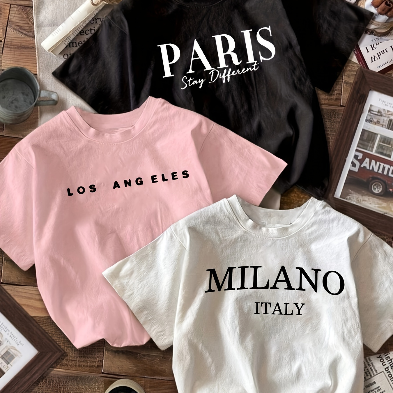 

Women's Trio Name Letter Print T-shirts - 100% Polyester, Casual Style, Crew Neck, Regular Length - Knitted Fabric, All-season Tops