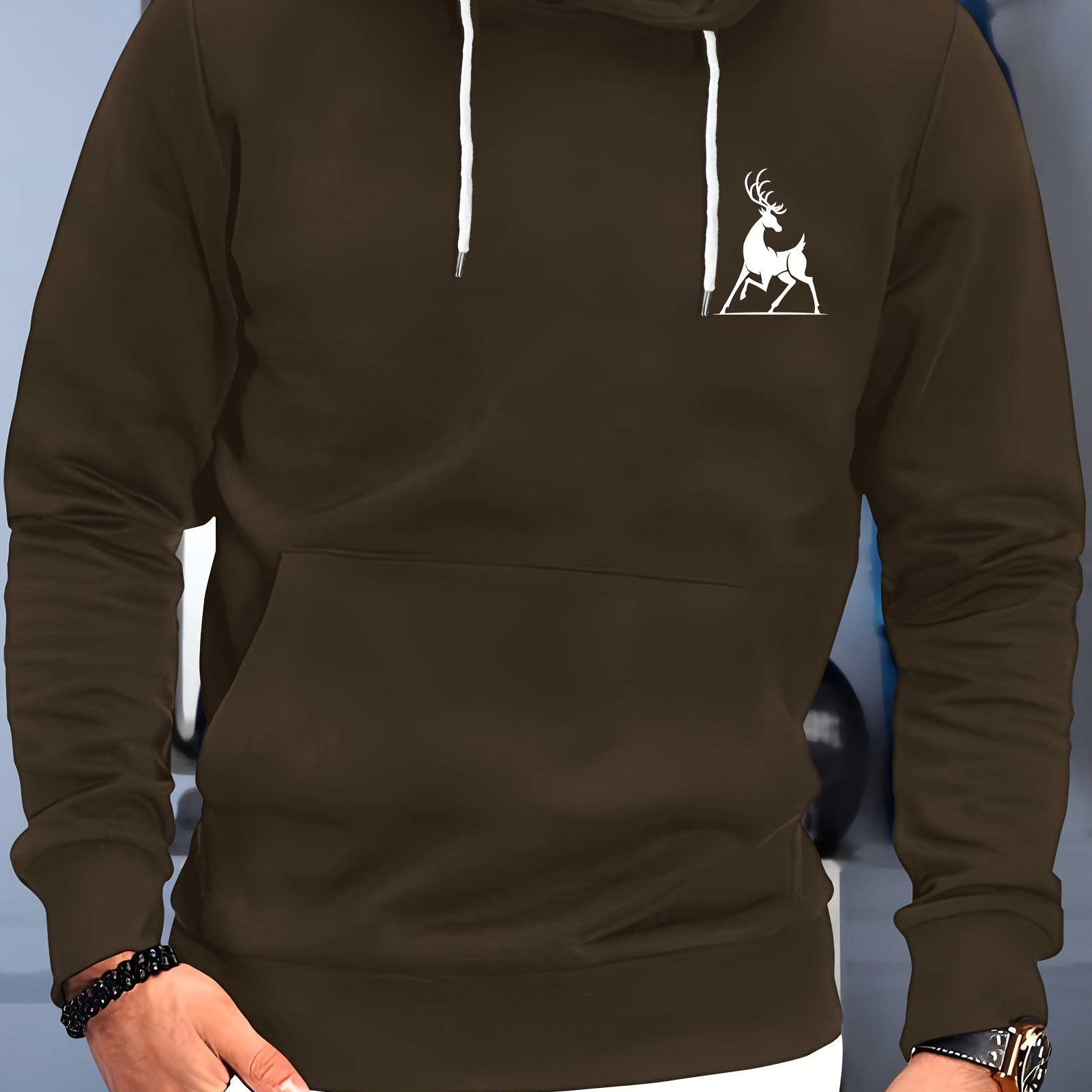 

Plus Size ''deer Logo'' Print Casual Long Sleeve Pocket Hooded Sweatshirt, Men's Sports Hoodie Tops
