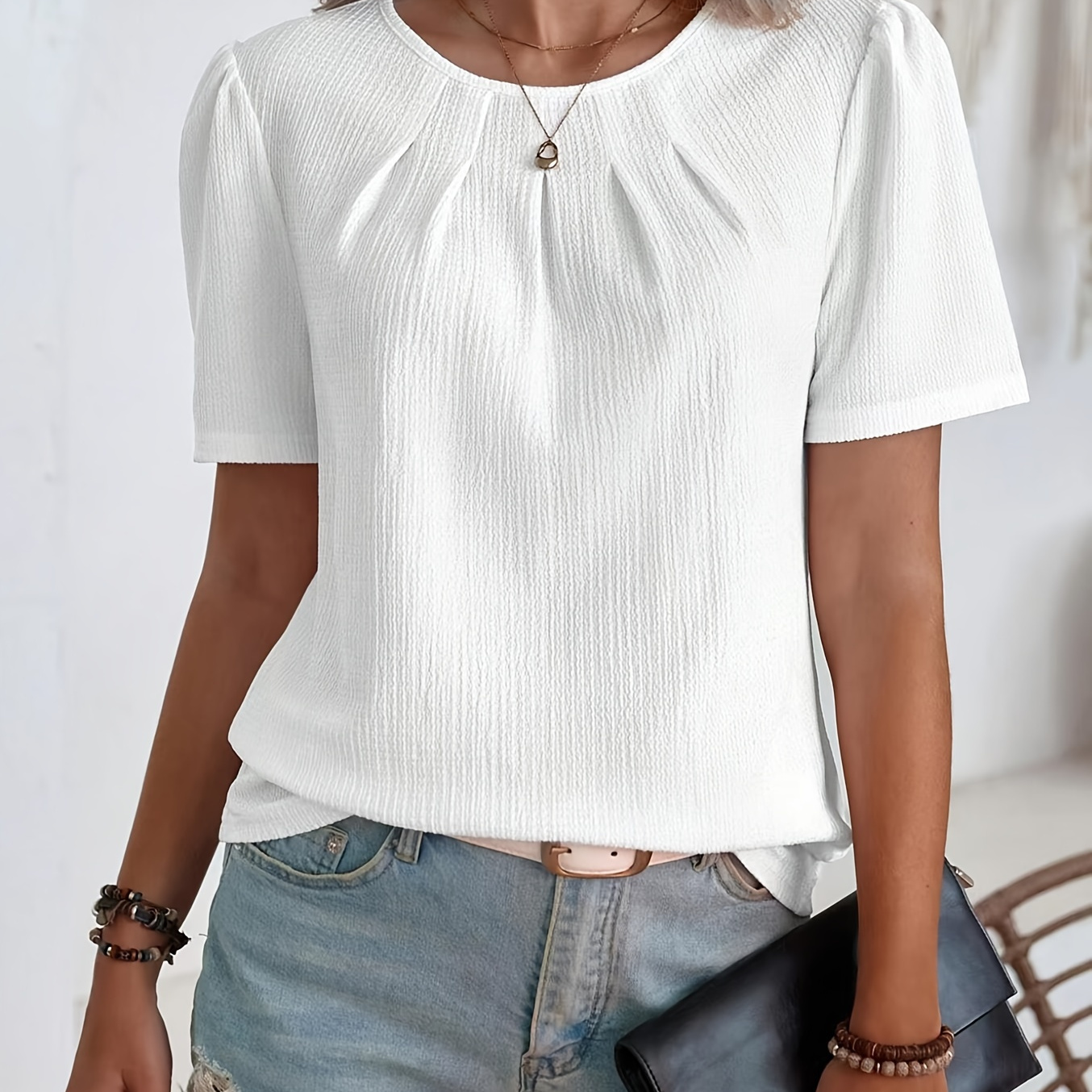 

Textured Crew Neck Blouse, Elegant Ruched Front Top For Spring & Summer, Women's Clothing