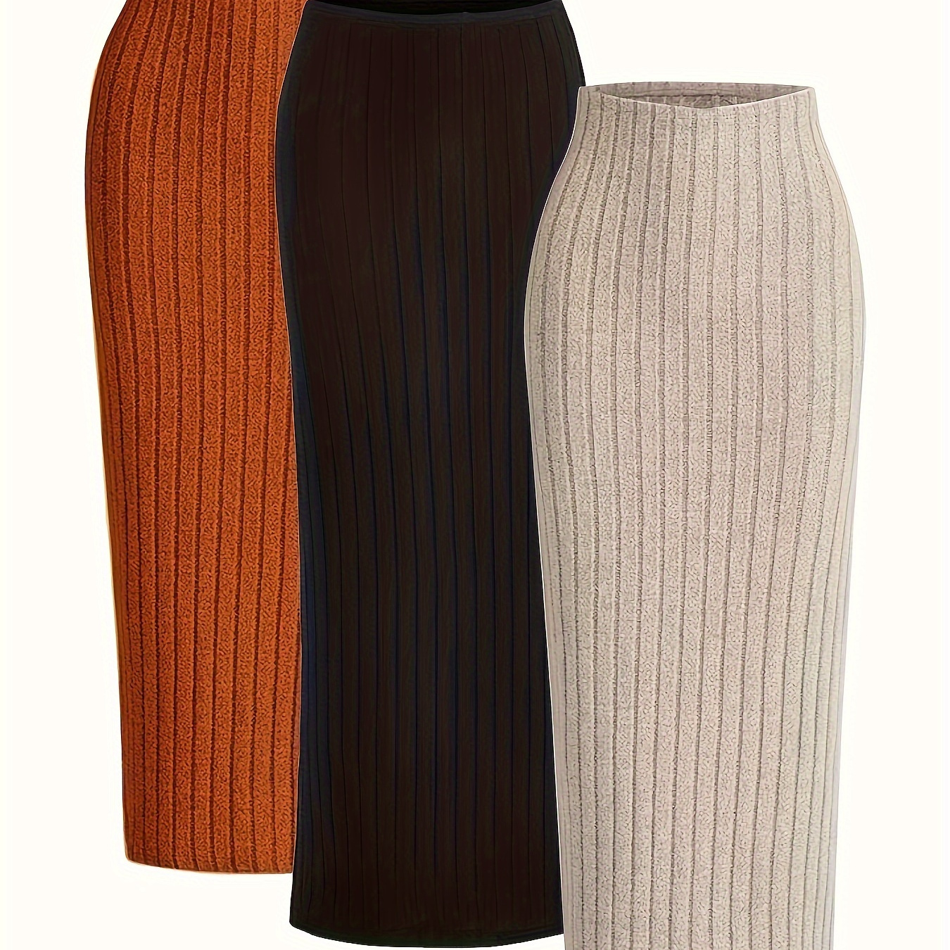 

3 Pcs Solid Color Ribbed Sheath Skirt, Elegant High Waist Skirt For Spring & Fall, Women's Clothing