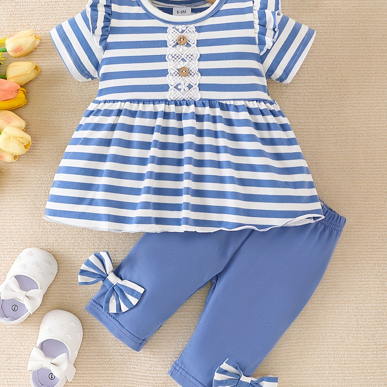 

Baby's Lovely Stripe Pattern 2pcs Casual Summer Outfit, Lace Embroidered Short Sleeve Peplum Top & Bowknot Decor Pants Set, Toddler & Infant Girl's Clothes For Daily/holiday, As Gift