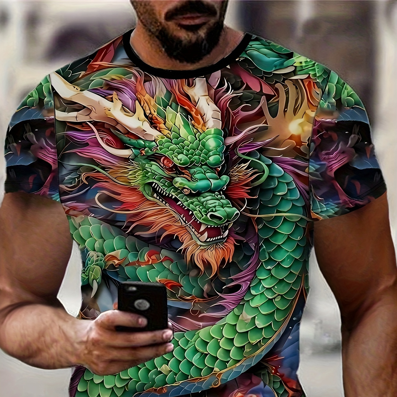 

Men's Dragon 3d Print T-shirt - Casual, Breathable Polyester , Short Sleeve Summer Tee With Round Neckline For Outdoor & Sports Activities, Dragon T Shirt