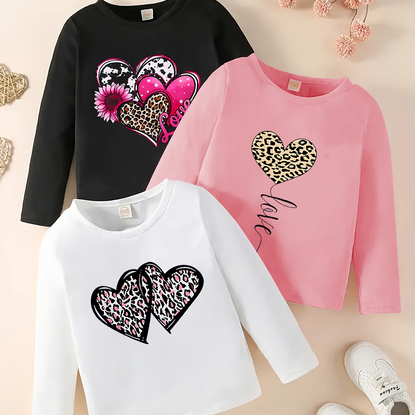 

3pcs Hearts Girl's Comfortable Long Sleeves Tee Shirts, For & , Meticulously For Fall And , Cloth