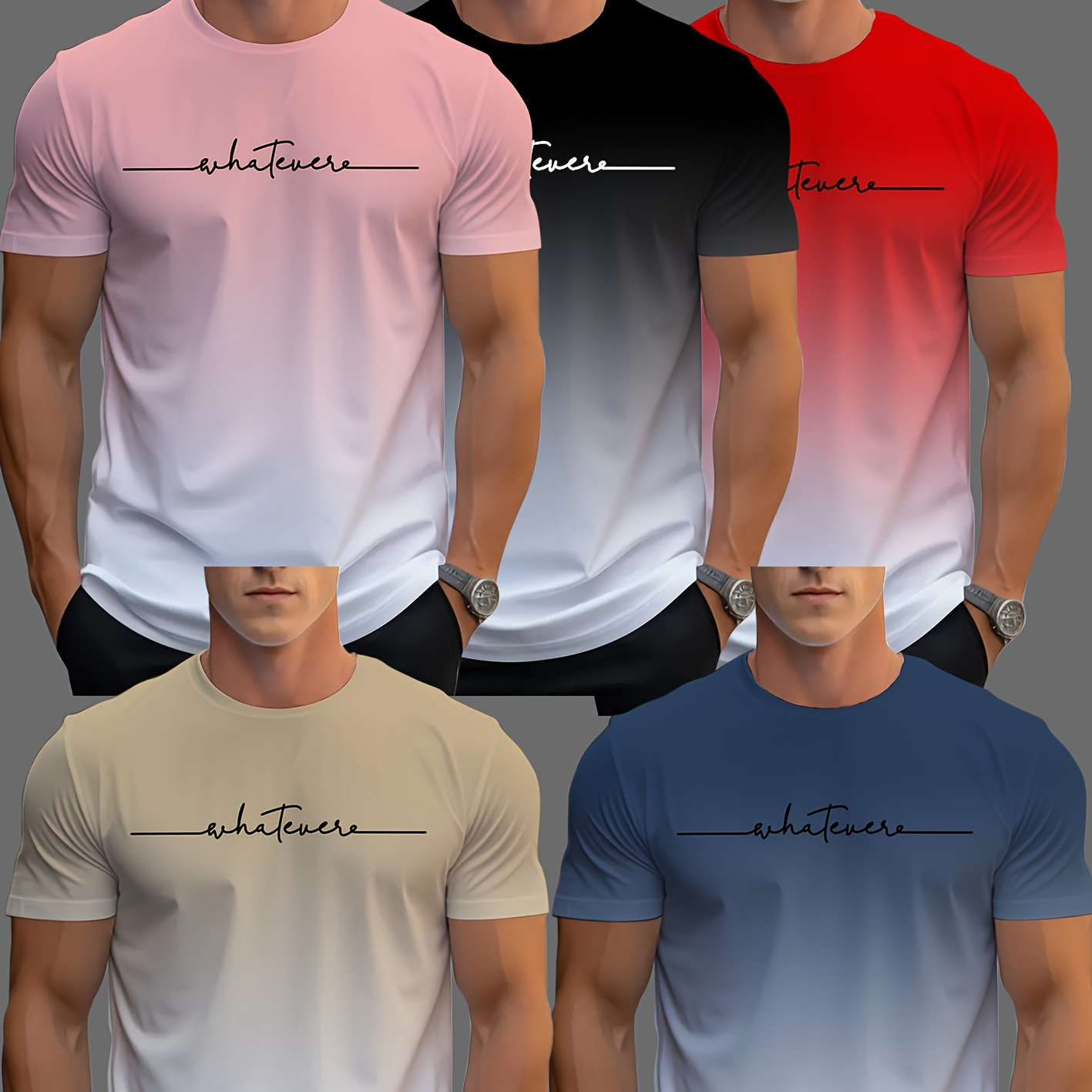 

5pcs Men's Athletic T-shirts, Gradient Cool 3d Print Quick-dry Short Sleeve Gym Tees, Sports Tops