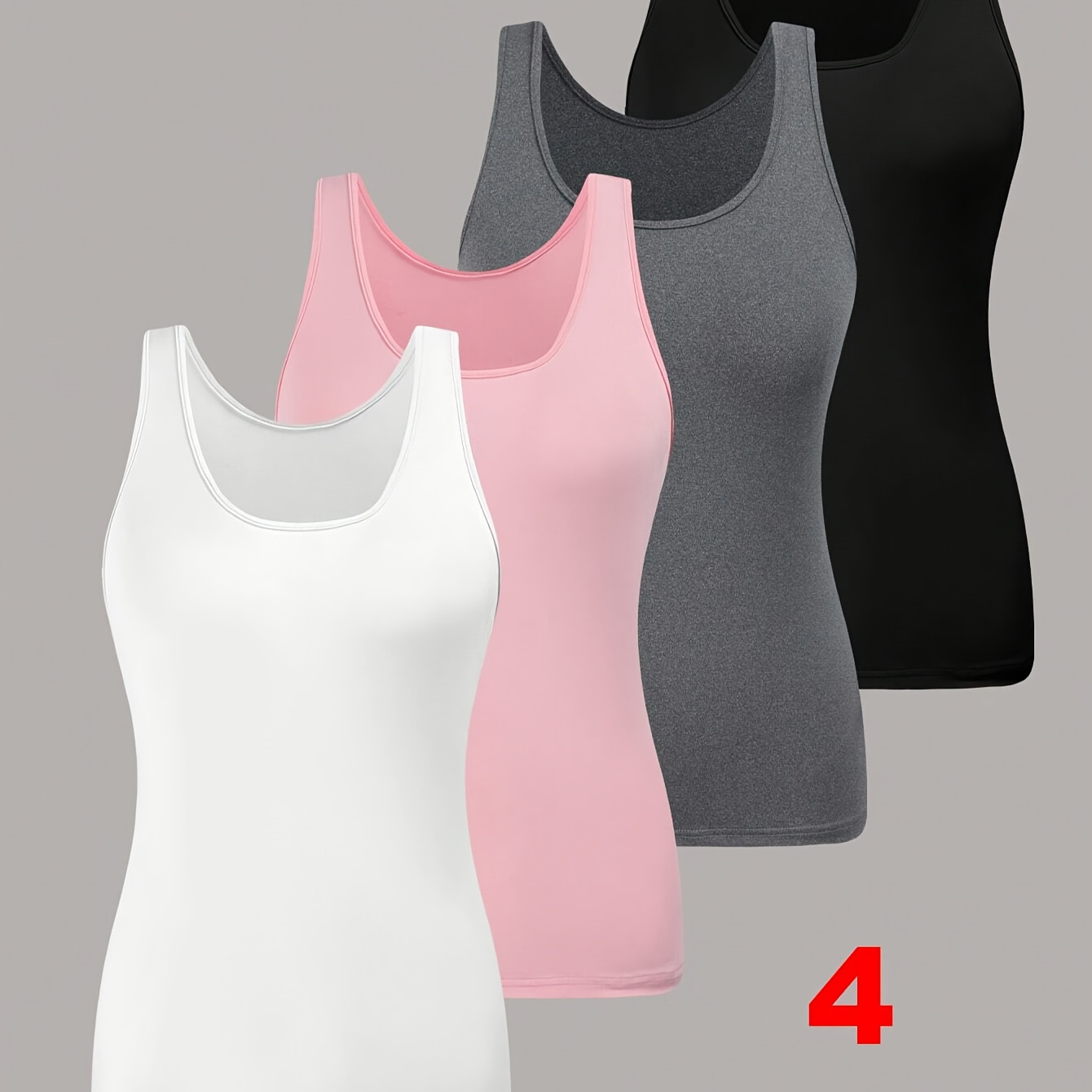 

4-pack Size Tank Tops For Women, Polyester Knit Solid Color Round Neck Camisoles, Stretchy 210g/m² Fabric, For Spring/summer/autumn