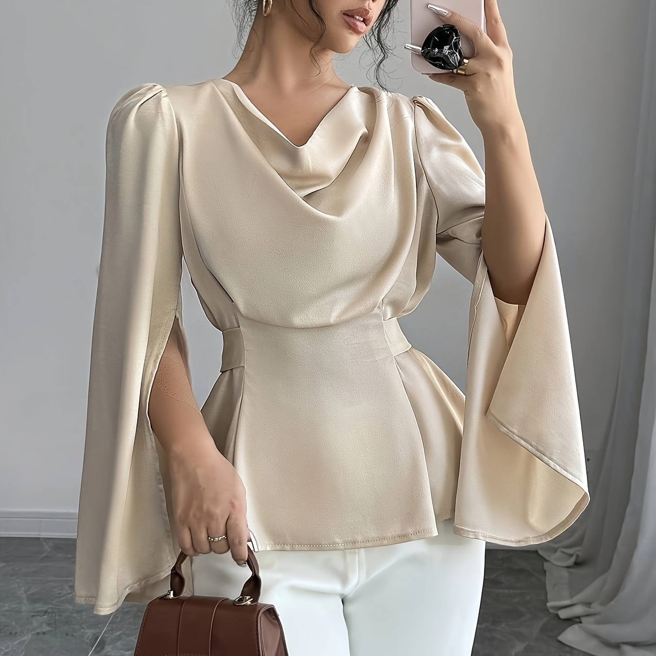 

Elegant Solid Color Cowl Neck Belted Split Sleeve Blouse In Polyester - Machine Washable, 88111211, Design