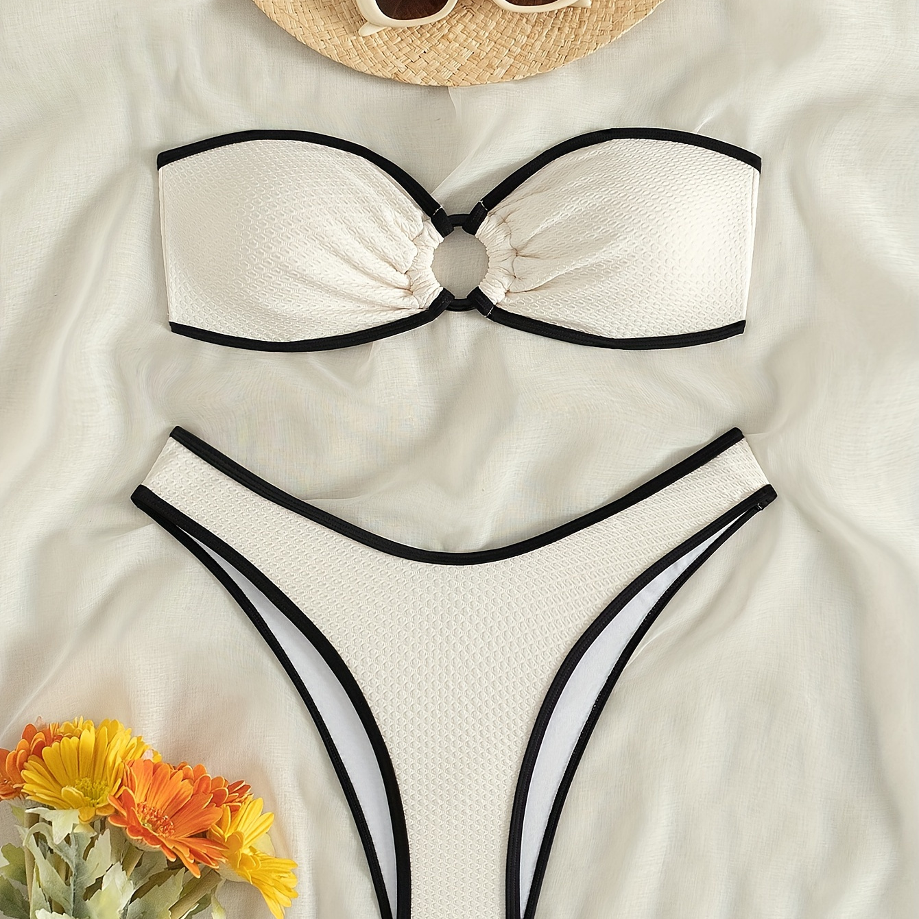 

2-piece Women's Bikini Set, Textured Fabric Swimwear, Bow Detail, High Waist Bottoms, Contrast Trim, Summer Beach Outfit