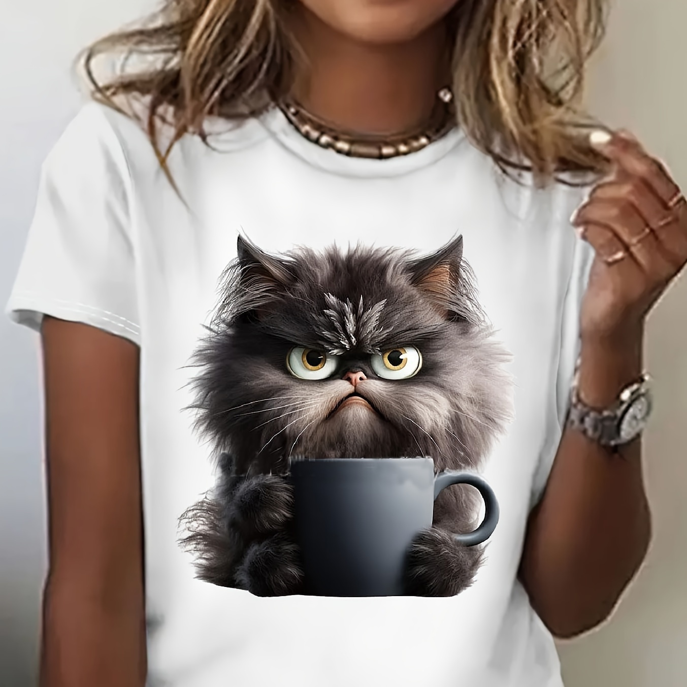 

Cat Print T-shirt, Short Sleeve Crew Neck Casual Top For Summer & Spring, Women's Clothing