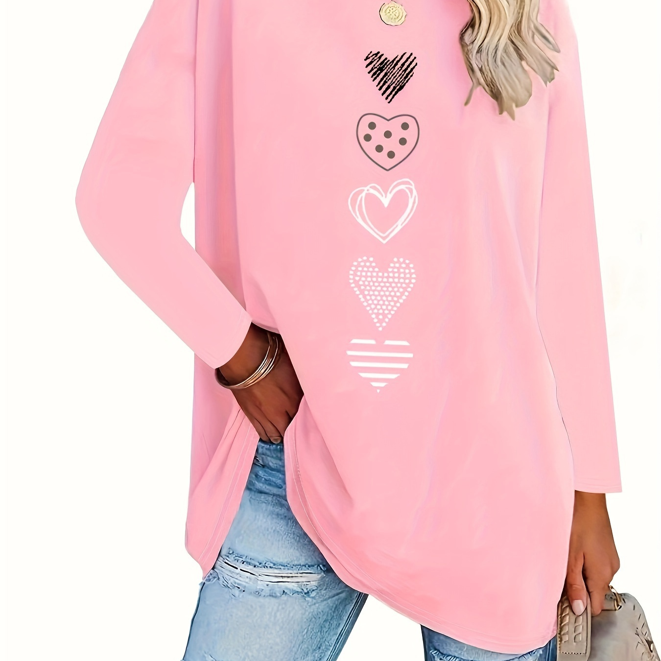 

Women's Plus Size Casual Tunic Top - Heart Print, Long Sleeve, Round Neck, Stretchy Polyester Blend, Machine Washable