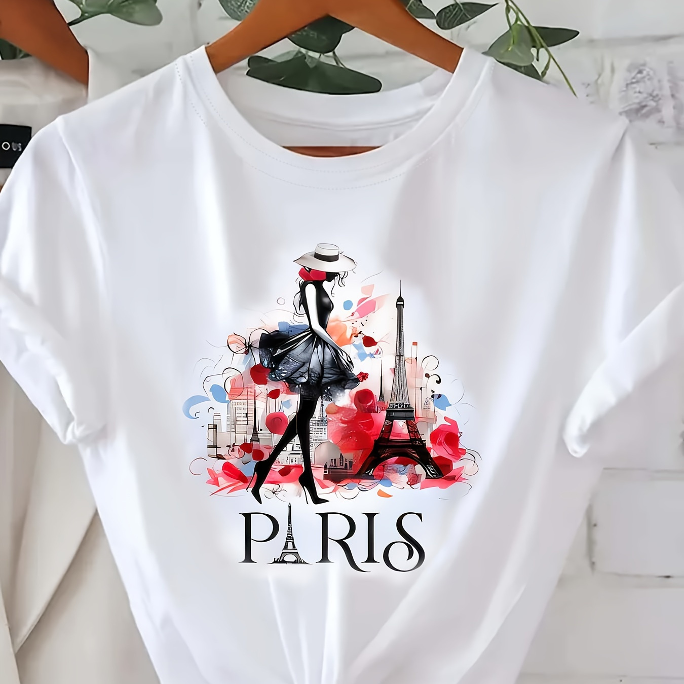 

Paris Print T-shirt, Short Sleeve Crew Neck Casual Top For Summer & Spring, Women's Clothing