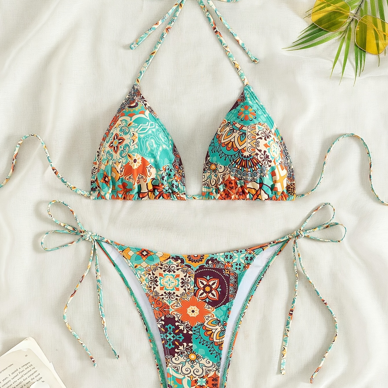 

Ensemble bikini pièces avec imprimé numérique, col licou, pour femme - Tissu en polyamide, haute élasticité, motif floral, maillot de bain confortable