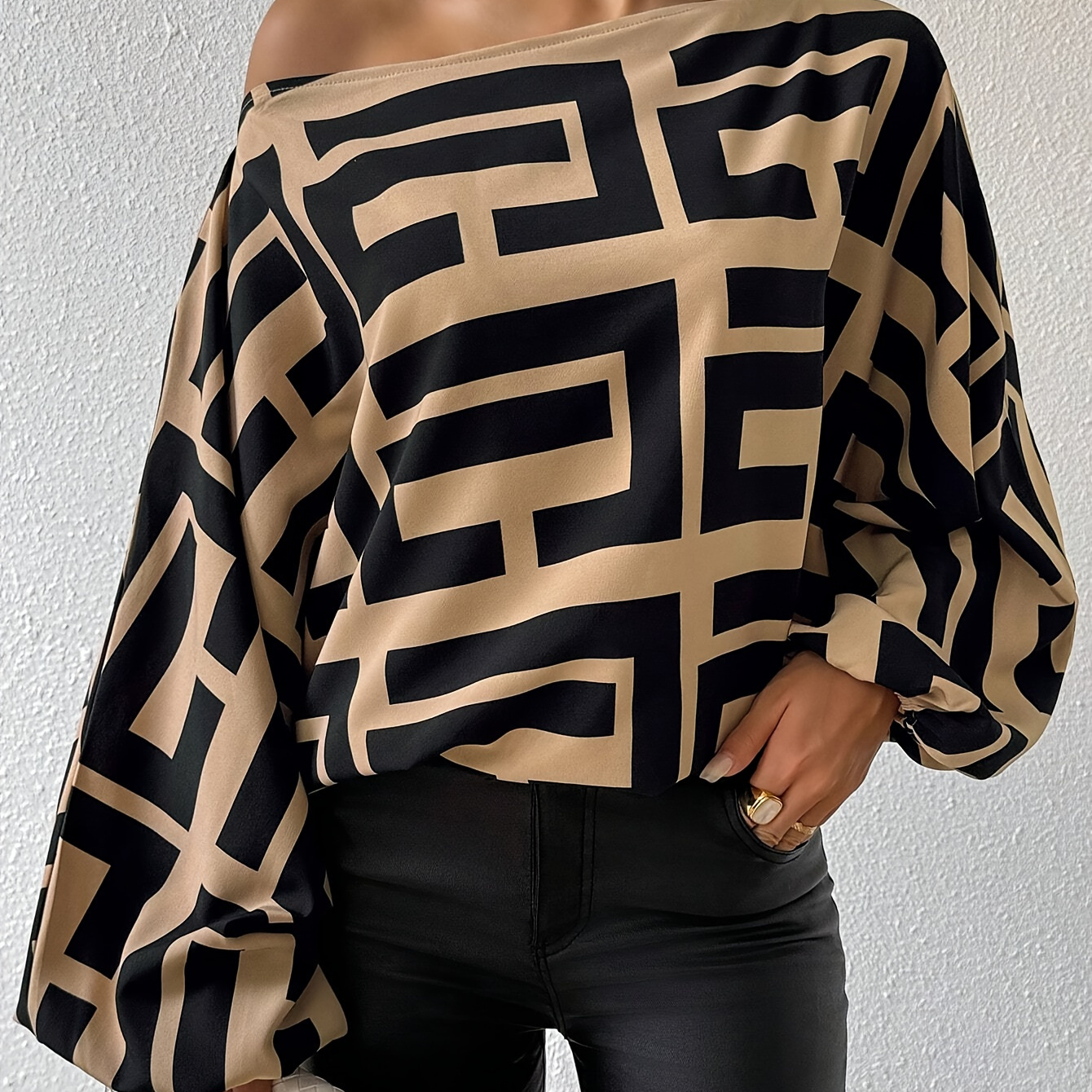 

Greek -shoulder Blouse, Elegant Long Lantern Sleeve Blouse For Spring & Fall, Women's Clothing