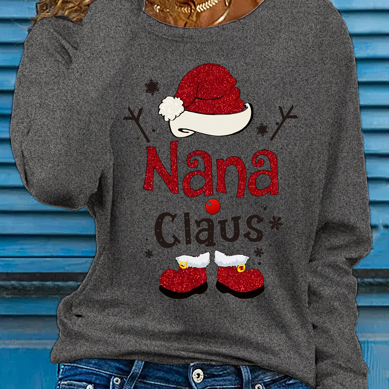 

Christmas Nana Claus Graphic T-shirt For Women - Casual Polyester Knit Fabric With Round Neckline, Holiday Embellishment,