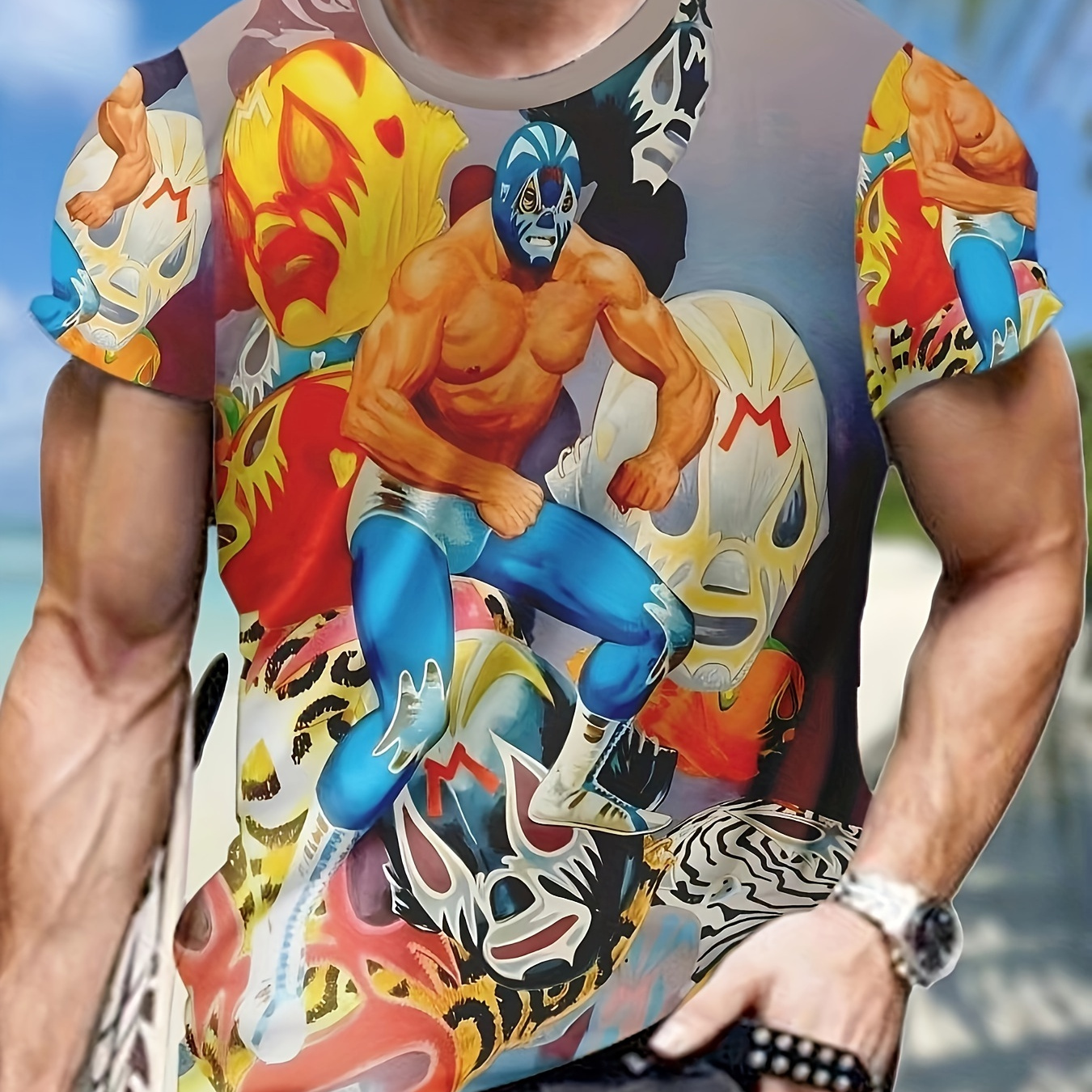 

Men's Muscular Man Graphic Print T-shirt, Short Sleeve Crew Neck Tee, Men's Clothing For Summer Outdoor