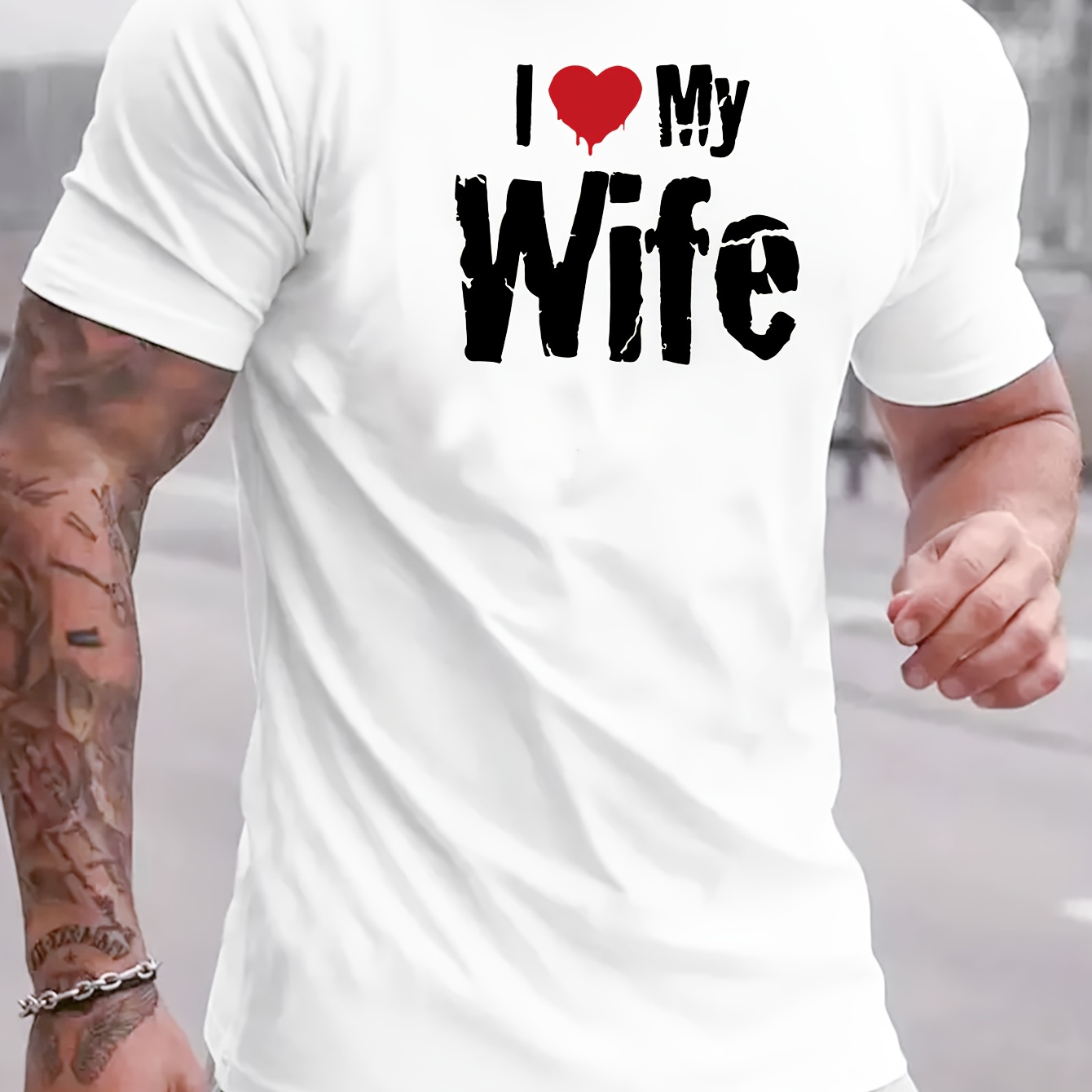 

Men's Pure Cotton T-shirt, 'i Love My Wife' Print Short Sleeve Crew Neck Tees For Summer, Casual Outdoor Comfy Clothing For Male