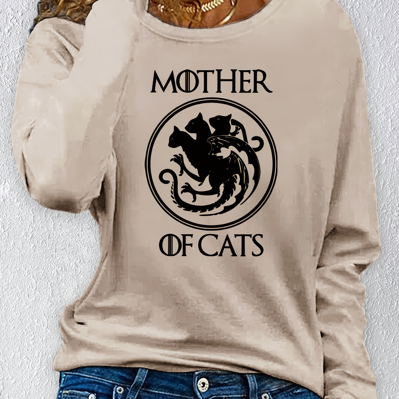 

1pc Women's Casual Long Sleeve T-shirt With "mother Of Cats" , Crew Neck, Polyester Knit Fabric, , Regular Length Top