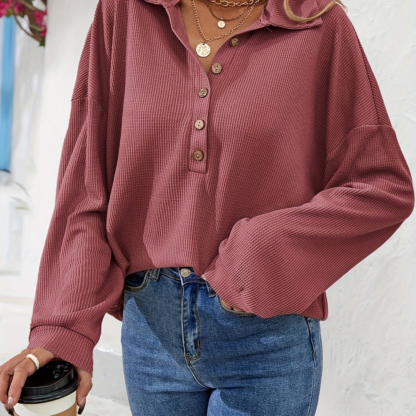 

Solid Color Half Button Solid Color T-shirt, Casual Long Sleeve Top For Spring & Fall, Women's Clothing