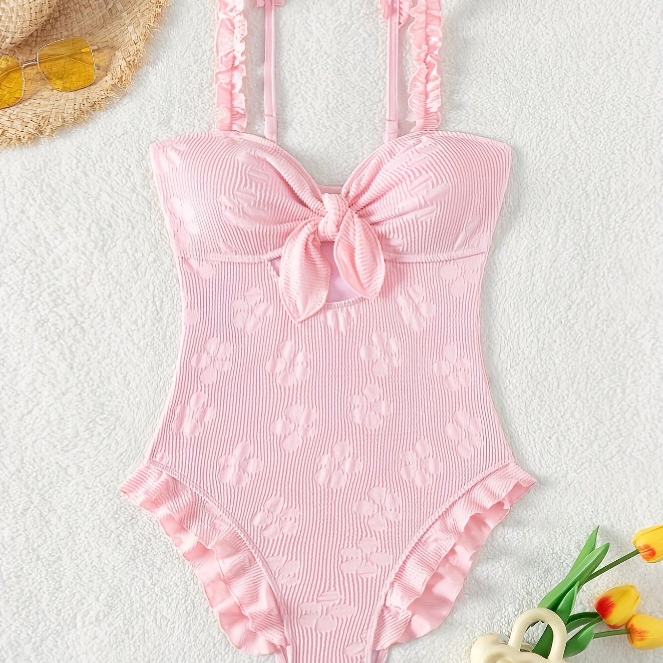 

Maillot de Bain Une Pièce Élégant Rose pour Femme avec Broderie Florale & Détail à Volants - Nœud Papillon à l', Dos Ouvert, pour en Printemps & Été