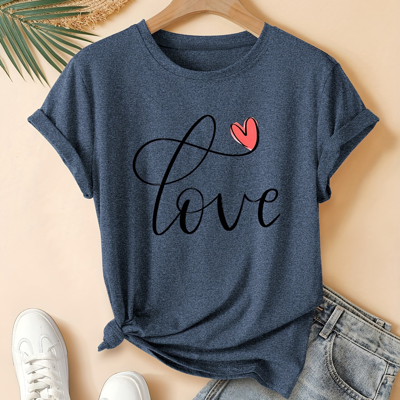 

Fashion Letter & Heart Print Sports T-shirt, Fashion Short Sleeve Round Neck Casual Top, Women's Activewear