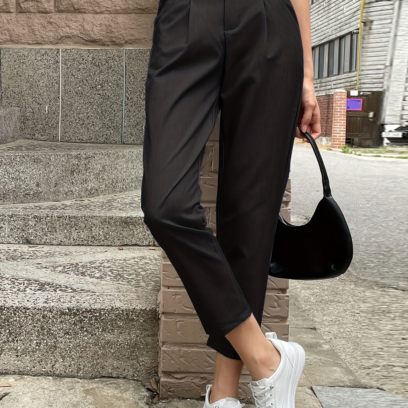 

Solid Color Tapered Cropped Pants, Casual High Waist Suit Pants For Work & Office, Women's Clothing