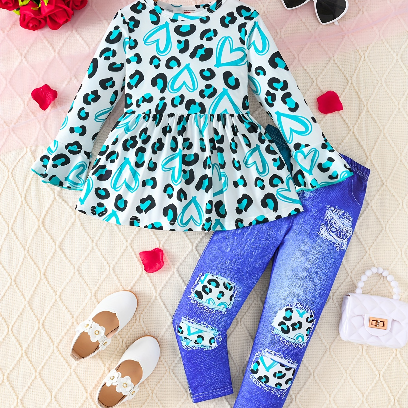 

2pcs Girls Trendy Leopard Print Long Sleeve T-shirt Top + Imitation Denim Print Pants Set Spring Fall Gift