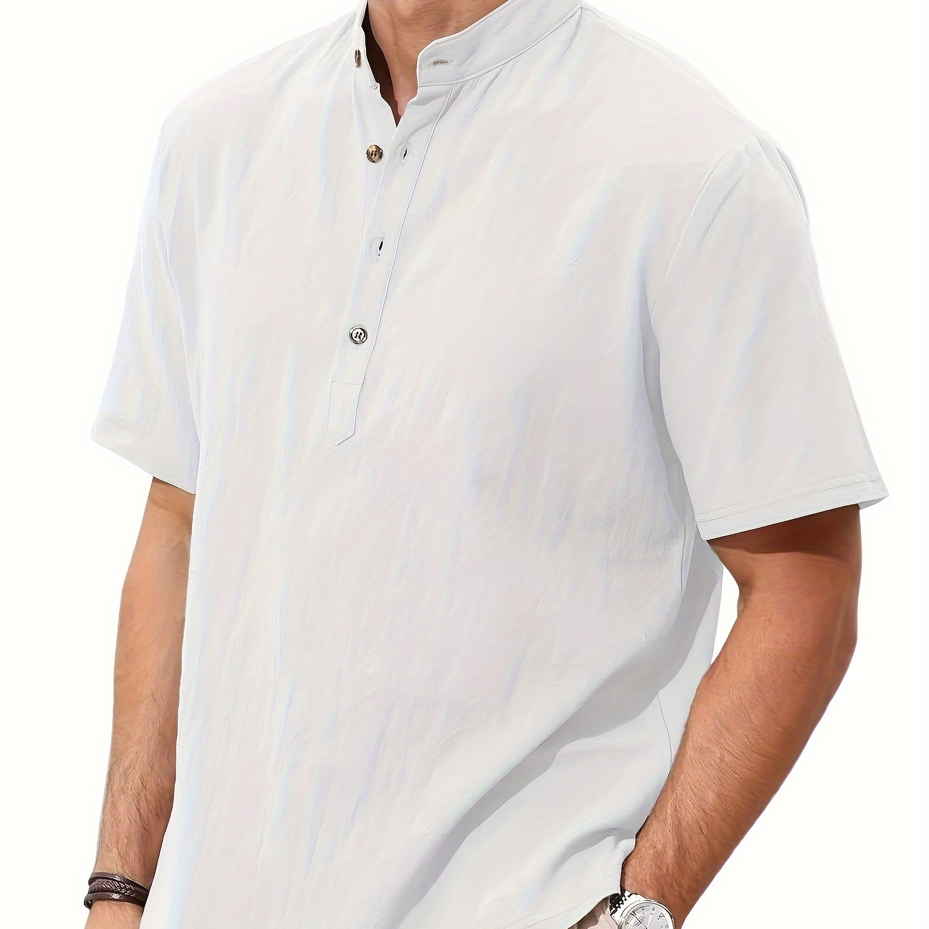 

Solid Color Men's Short Sleeve Stand Collar Henley Shirt With Cotton And Linen Fabric, Casual And Trendy Tops For Summer Daily And Holiday Wear