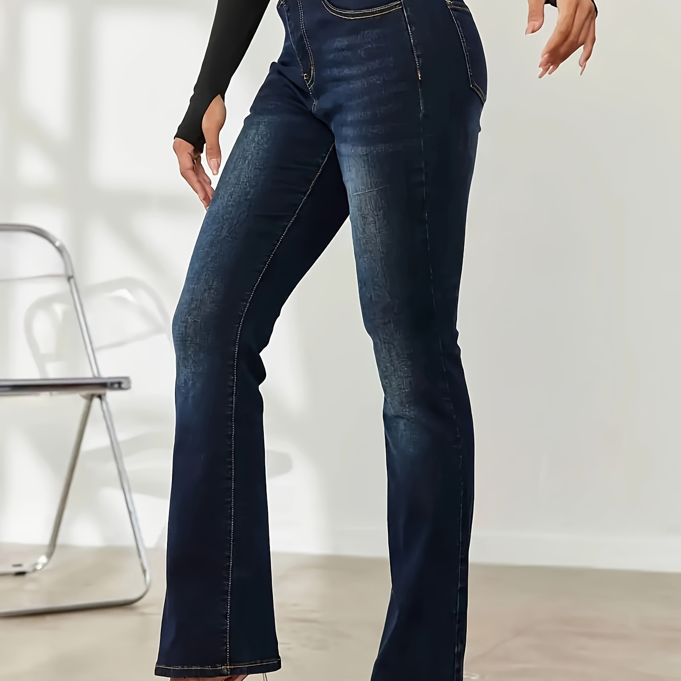 

Jean vintage grande taille, femme uni bouton taille haute extensible jambe droite jean avec poche