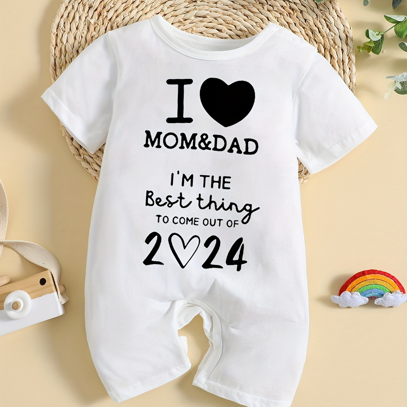 

Baby's "i Love Mom & Dad" Print Unisex Bodysuit, Casual Short Sleeve Romper, Toddler & Infant Girl's Onesie For Summer, As Gift