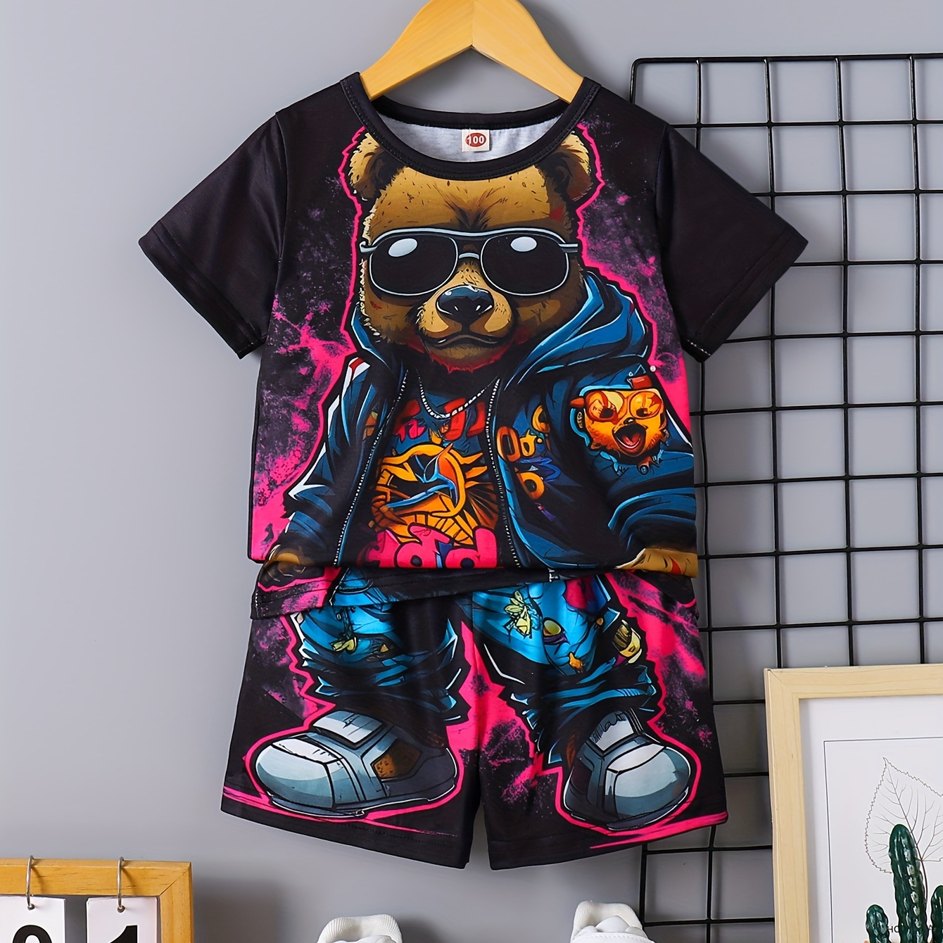 

Boy's 2-piece Casual Co Ord Set, Cool Sunglasses Bear Print Short Sleeve Tee And Shorts, Comfy Summer Clothes