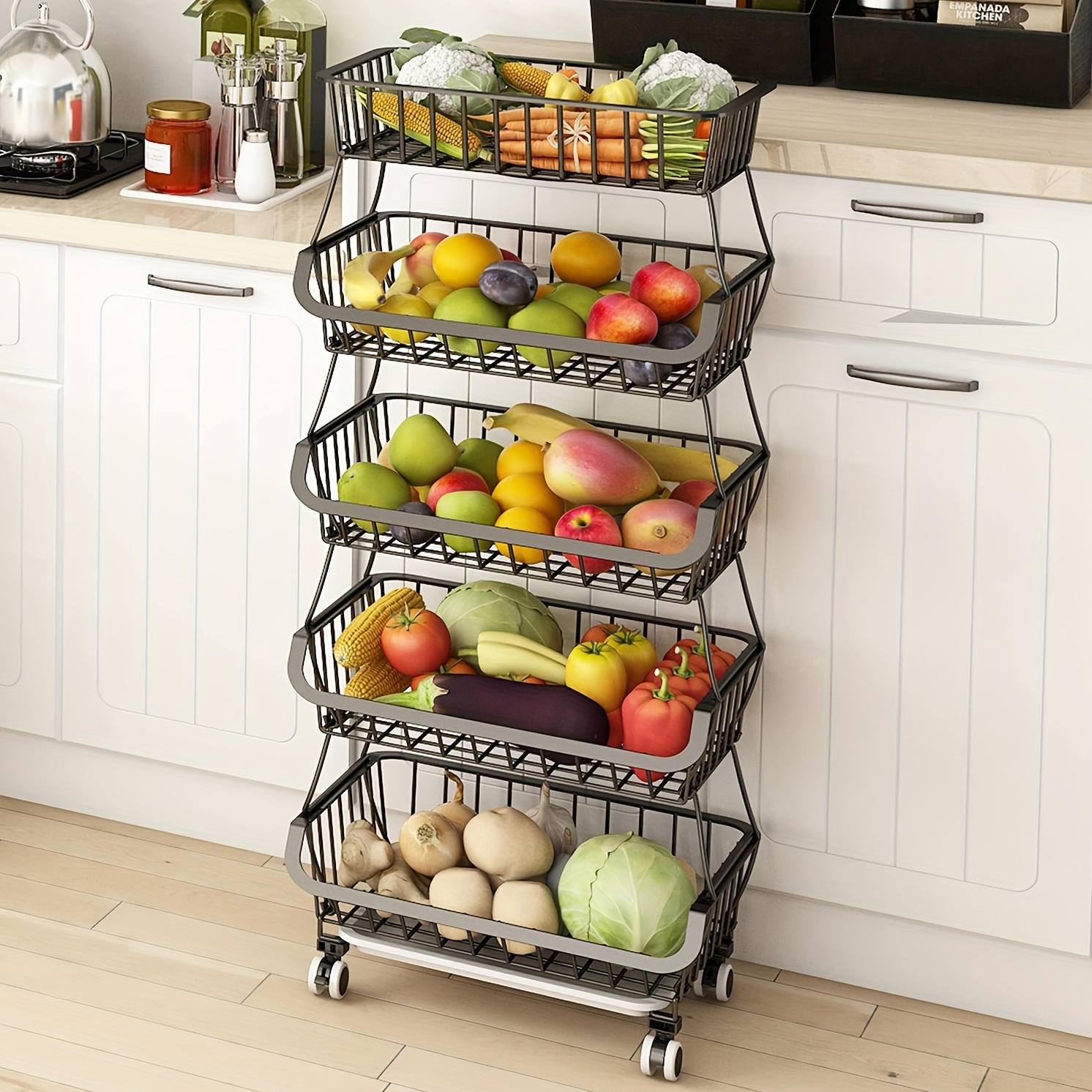 

Kitchen Fruit Vegetable Storage Cart, Vegetable Basket Bins For And Potatoes, Wire Storage Organizer Utility Cart With Wheels, Black