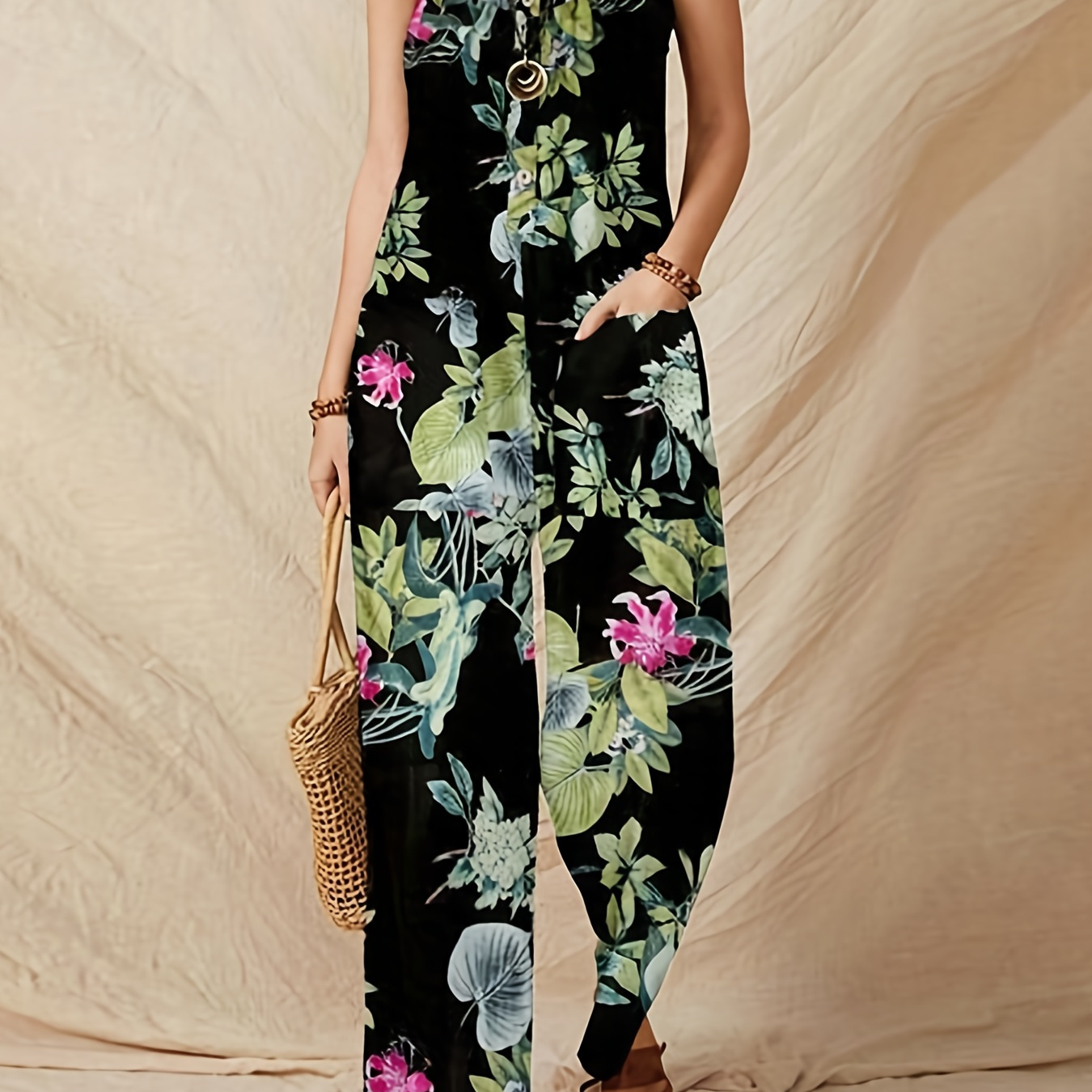 

Floral Print Wide Leg Jumpsuit, Boho Sleeveless Jumpsuit For Spring & Summer, Women's Clothing