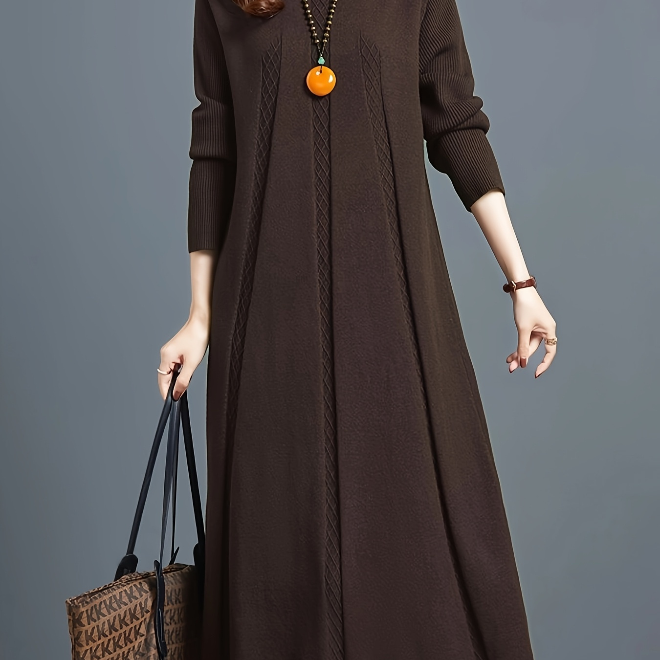 

Elegant Thickened Mid-length Knit Dress For Fall & Winter - Chic Solid Color With Trim, Long Sleeves, Machine Washable, Polyester