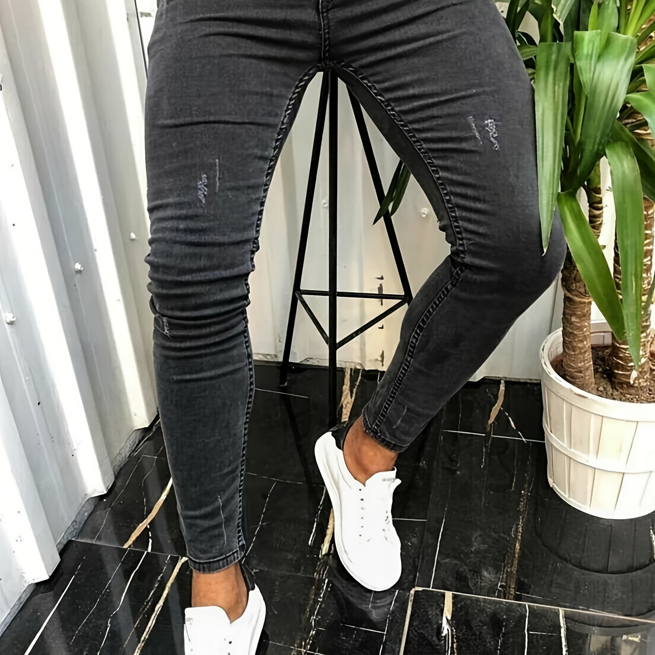 

Chic Streetwear, Men's Slim-fit Black Jeans - Stretch Denim, Casual Streetwear Style, Machine Washable