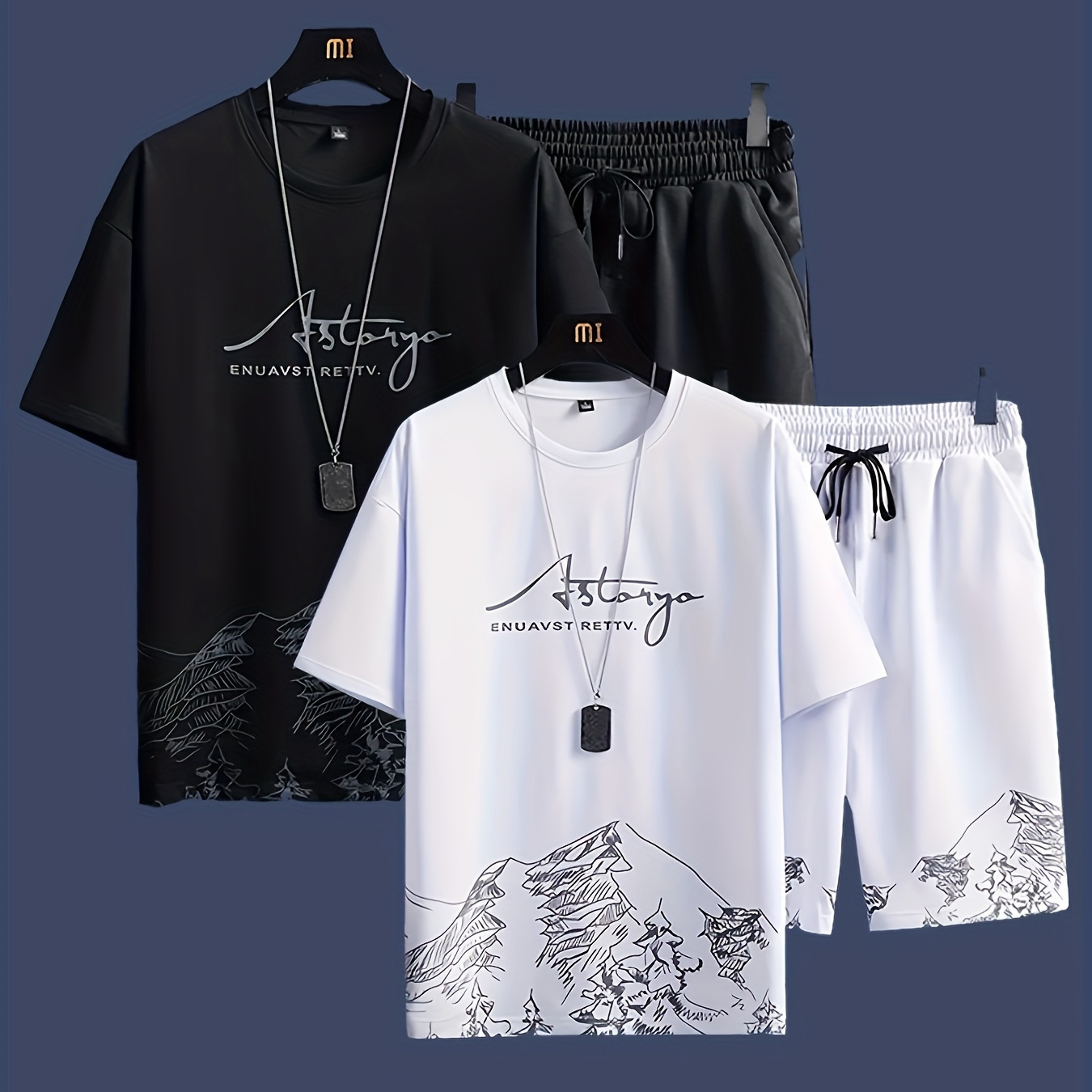 

Men's Print Clothing, T Shirt And Shorts Set, 2 Black And Matching T Shirt Shorts Set With Drawstring, Summer Casual Set